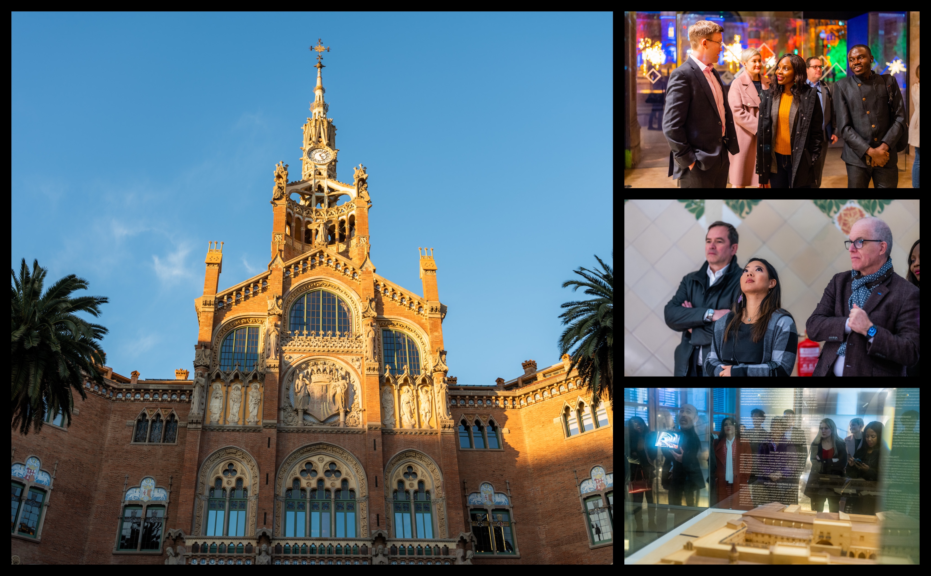 a collage of images; a building with a clock tower and group of people