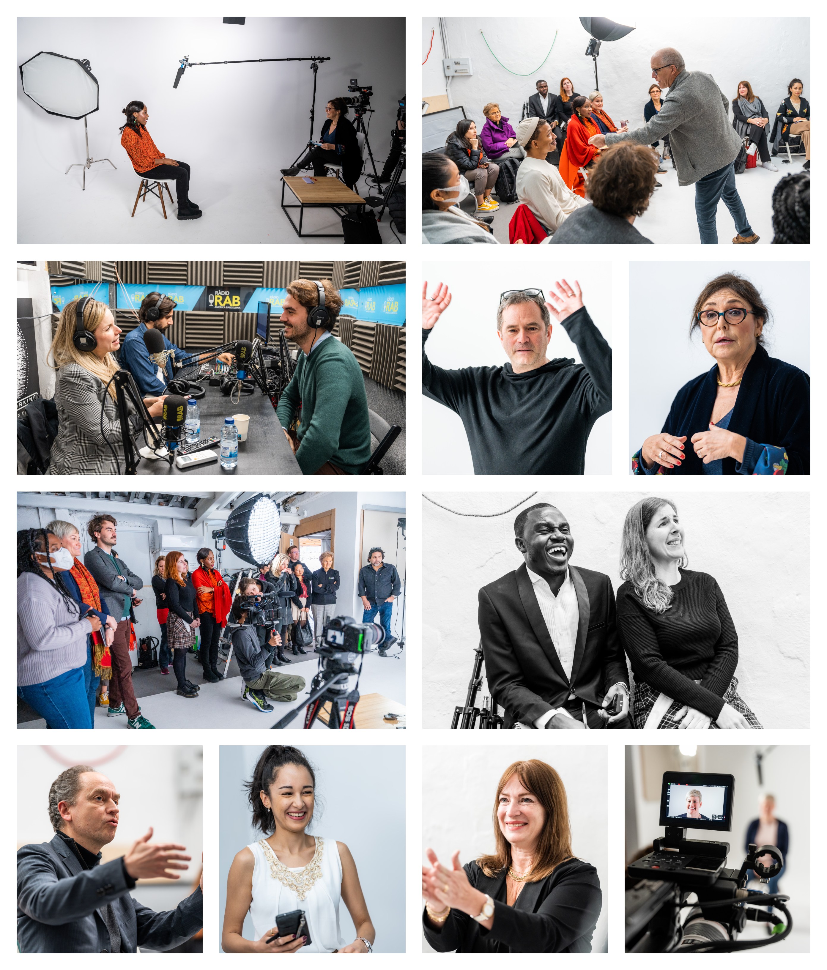 a collage of people in a studio